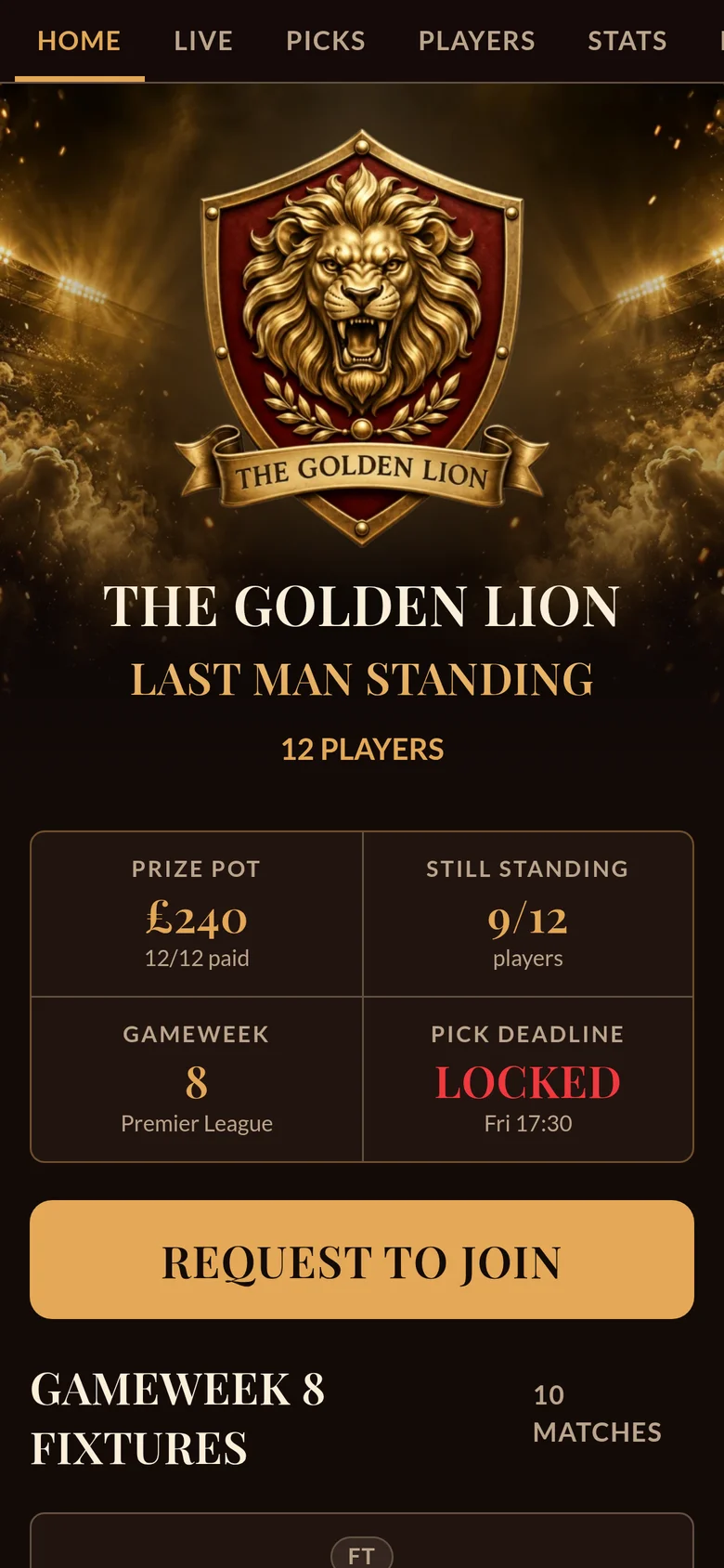 Example league The Golden Lion with its own lion crest, red and amber colours and serif fonts