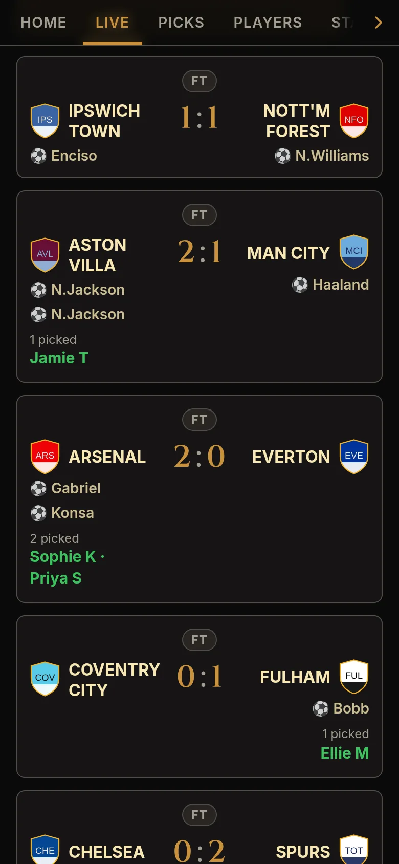 Live page showing finished matches with scores, goalscorers and who picked each team